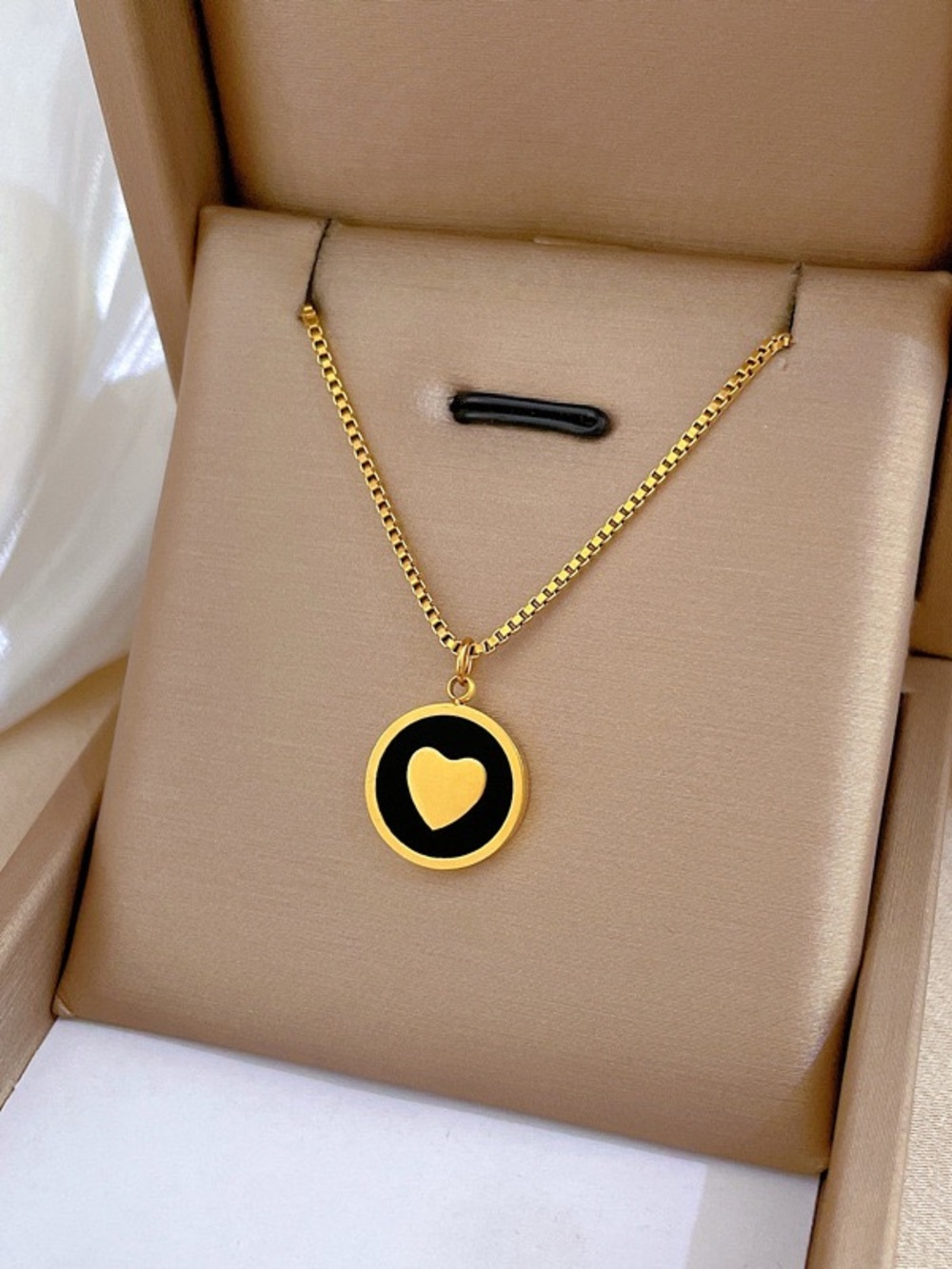 Gold Heart Pendant Necklace with Black Enamel - Fashion Women Jewelry